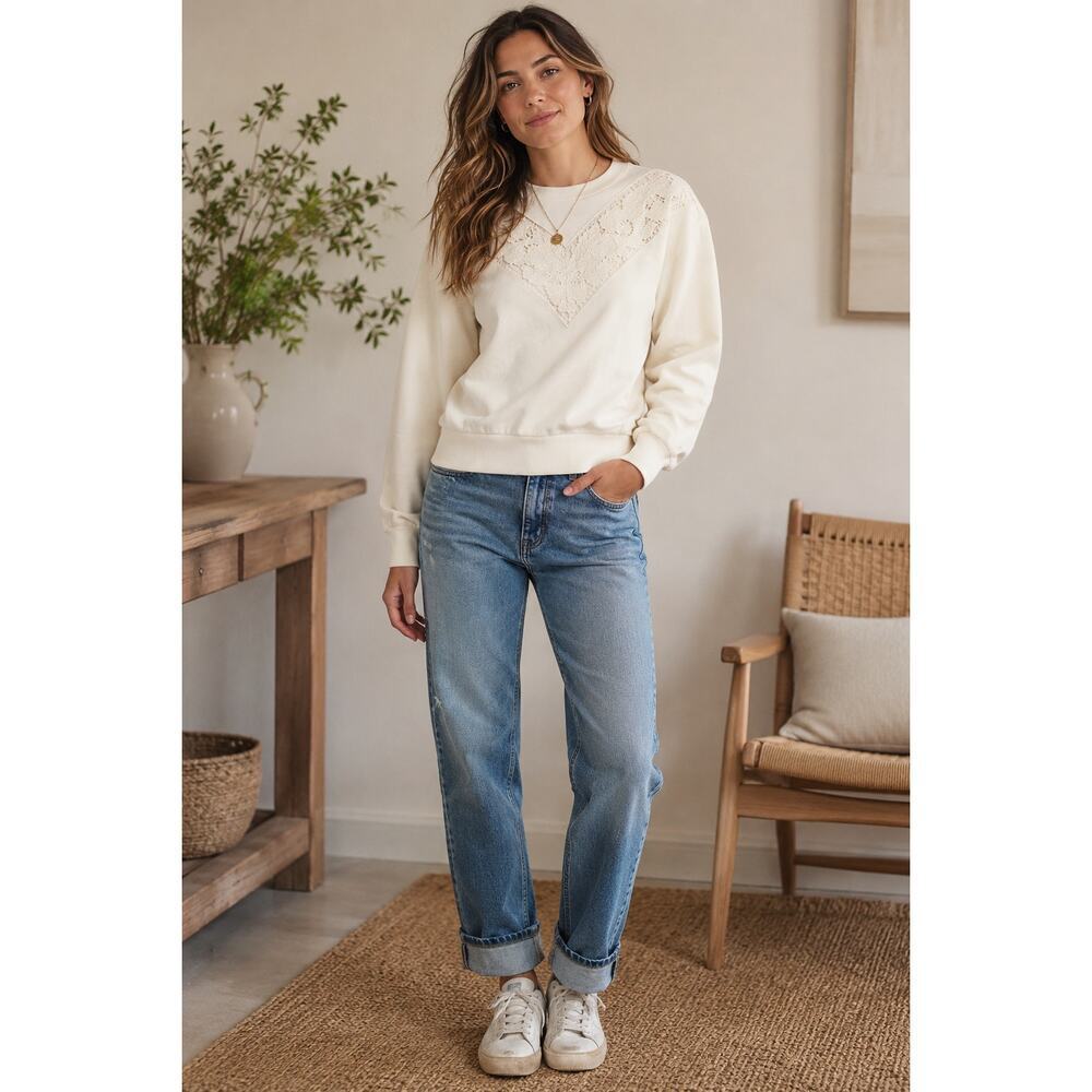 PAIGE Nimona Lace Trim Sweatshirt Antique White Crochet Lace Yoke Cotton Medium